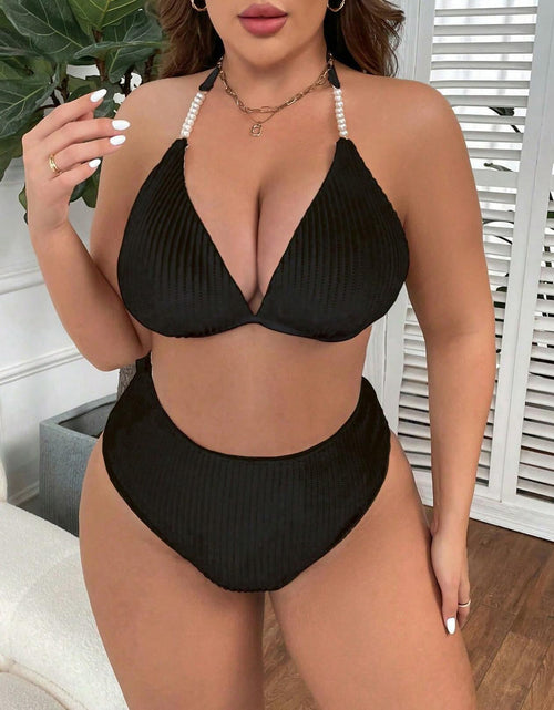Load image into Gallery viewer, MakeMeChic Women's Plus Size 2PC Halter Triangle Bikini High Waist Black Size L
