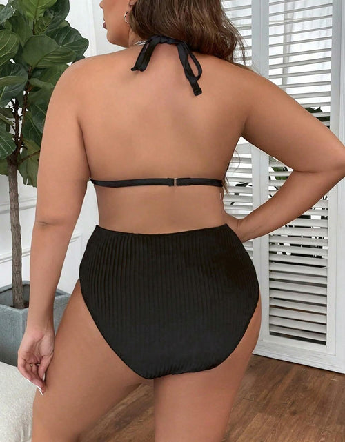 Load image into Gallery viewer, MakeMeChic Women's Plus Size 2PC Halter Triangle Bikini High Waist Black Size L
