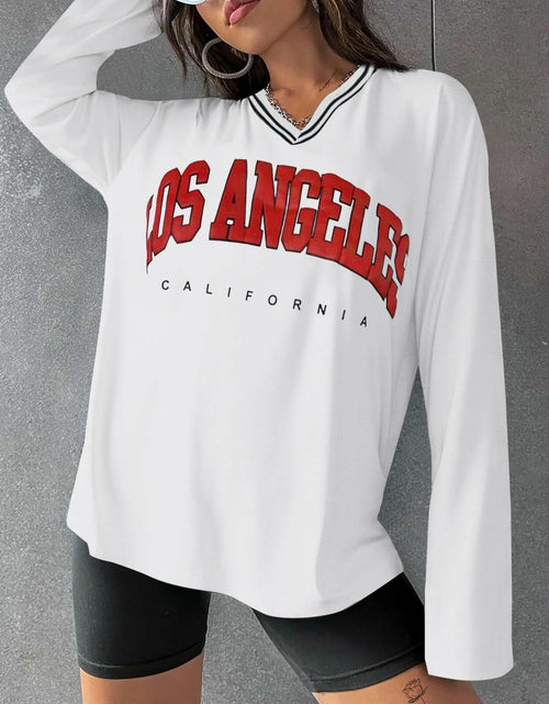 Load image into Gallery viewer, Hilinker Women's Oversized Graphic V Neck Long Sleeve Tee White Red Size L
