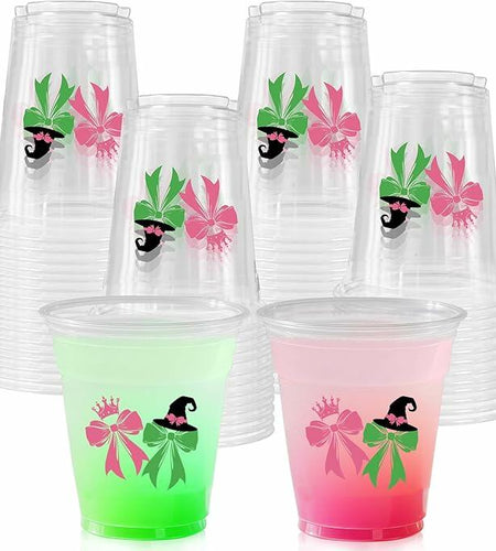 CIEOVO 50 Pack Witch Theme Party Cups 12oz Green Pink Disposable Plastic