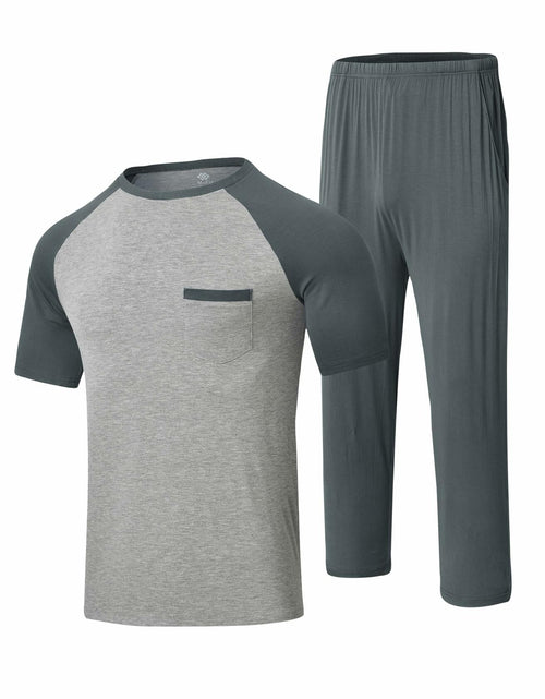 Load image into Gallery viewer, MoFiz Men’s Pajama Set V-Neck Short Sleeve Sleepwear Striped Grey Blue Size M
