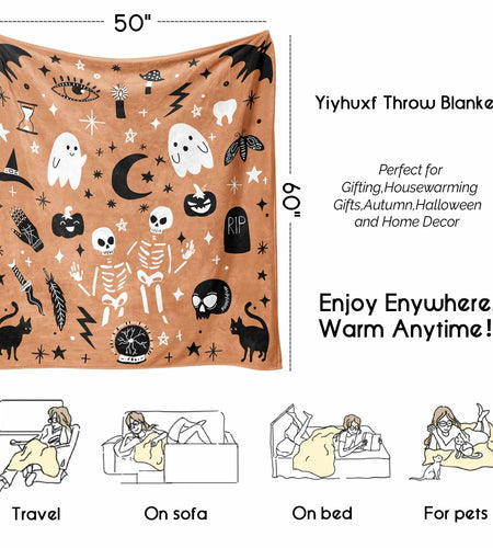 Yiyhuxf Halloween Flannel Fleece Throw Blanket Cartoon 60x50 Black