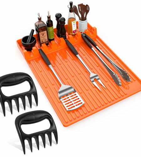 Glesalw Silicone Griddle Tool Mat & Meat Shredder Claws BBQ Set Orange