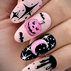 Load image into Gallery viewer, Pink Halloween Press On Nails Almond Matte Pumpkin Bat Design 24pcs
