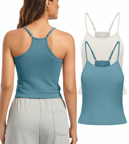 OVESPORT 2Pack Workout Tank Tops Women Built-in Bra Seamless Blue+White Size XL