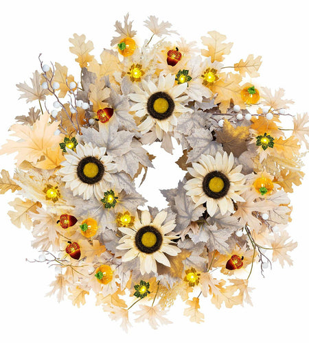 Chiyinbao 26" Realistic Fall Wreath with Lights Sunflower Leaves Yellow 26IN