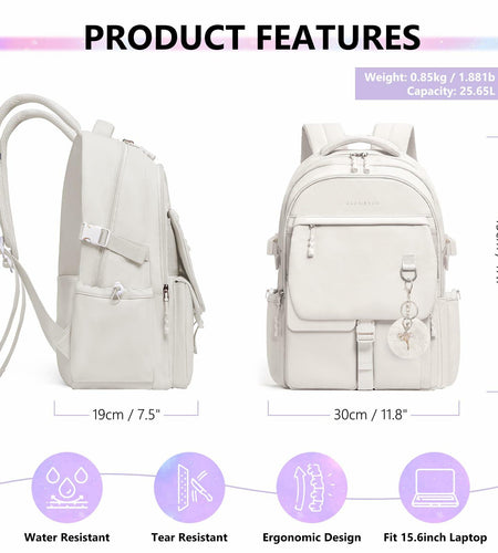 GLORIEROO Kids Backpack Girls 15.6" Laptop Compartment Beige White
