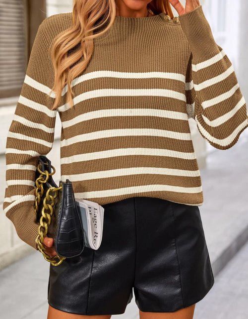 Load image into Gallery viewer, KIRUNDO Women's Striped Ribbed Knit Sweater Crewneck Metal Buttons Camel Size M

