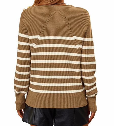 KIRUNDO Women's Striped Ribbed Knit Sweater Crewneck Metal Buttons Camel Size M