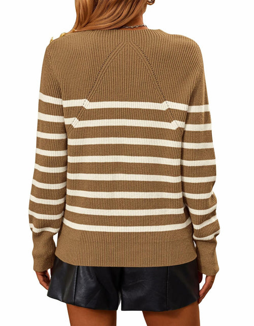 Load image into Gallery viewer, KIRUNDO Women's Striped Ribbed Knit Sweater Crewneck Metal Buttons Camel Size M
