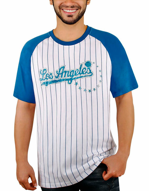 Load image into Gallery viewer, Fansamer Mens City Vintage Pinstripe Crew Neck Tee Shirt Blue White Size XL

