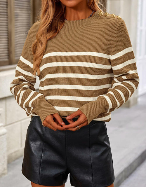 Load image into Gallery viewer, KIRUNDO Women's Striped Ribbed Knit Sweater Crewneck Metal Buttons Camel Size M
