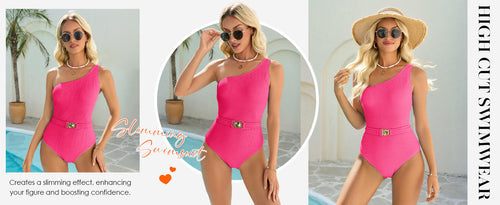 Load image into Gallery viewer, Fisoew Womens One Shoulder One Piece Swimsuit Tummy Control Bright Pink Size XS
