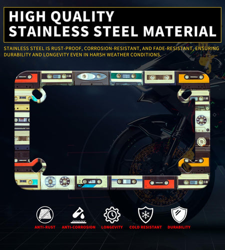 Motorcycle Cassette Tape License Plate Frame Stainless Steel 7x4 Inch