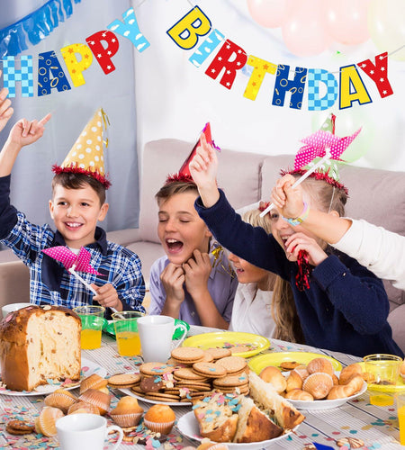 VitalCozy Birthday Banner Red Blue Golden Rings Cartoon Theme Colorful