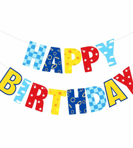 VitalCozy Birthday Banner Red Blue Golden Rings Cartoon Theme Colorful