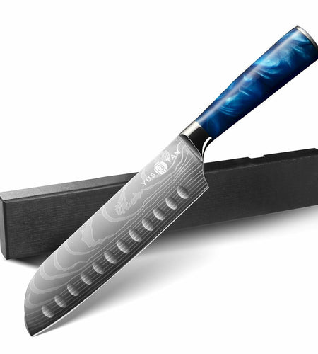 YUSOTAN 7" Japanese Santoku Knife Blue High Carbon Stainless Steel Blade