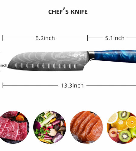YUSOTAN 7" Japanese Santoku Knife Blue High Carbon Stainless Steel Blade