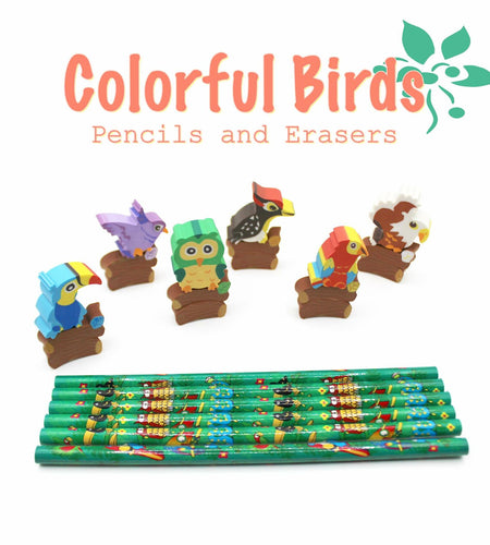 Colorful Bird Decorative Pencils with Erasers Set of 6, 0.35lb