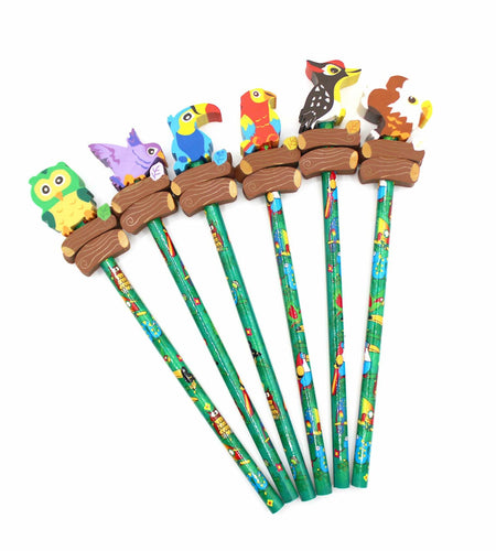 Colorful Bird Decorative Pencils with Erasers Set of 6, 0.35lb