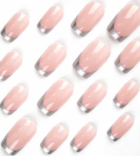 SHANRUN Pink Press On Nails Short Square Silver French 24 Pcs