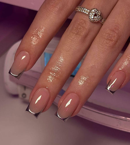SHANRUN Pink Press On Nails Short Square Silver French 24 Pcs