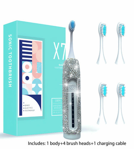 VFUIFRYI Electric Toothbrush Silver Bling 3 Heads 6 Modes Portable