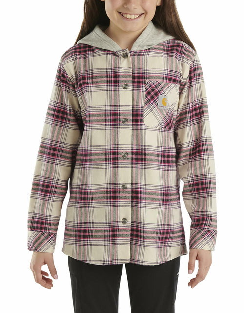 Load image into Gallery viewer, Carhartt Girls Long-Sleeve Pocket Flannel Shirt Beige Purple Plaid Size 5
