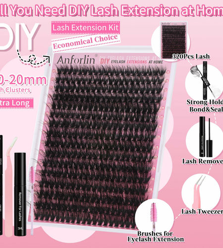 Anforlin Eyelash Extension Kit 280pcs Thick Volume D Curl 14-22mm Black