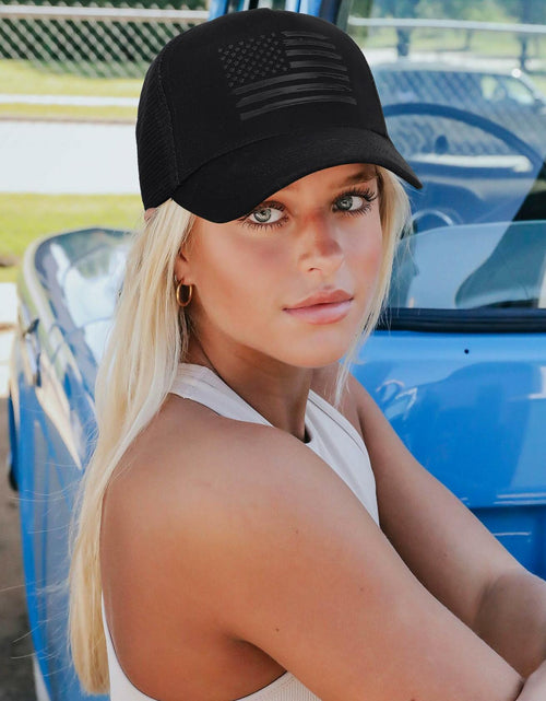 Load image into Gallery viewer, AWAYTR American Flag Trucker Snapback Hat Black One Size
