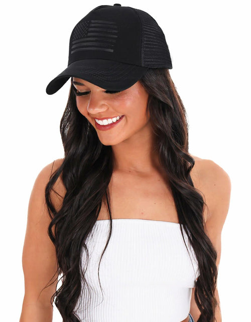 Load image into Gallery viewer, AWAYTR American Flag Trucker Snapback Hat Black One Size
