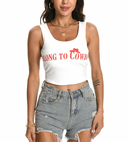 WELLATENT Cowboy Tank Shirt Western Cowgirl Crop Top White Size S