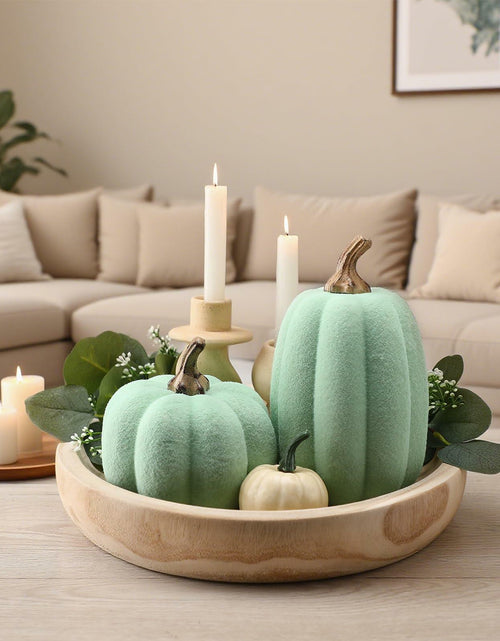 Load image into Gallery viewer, Vicenpal 2 Pcs Green Foam Pumpkins Fall Thanksgiving Decor Flocked Velvet
