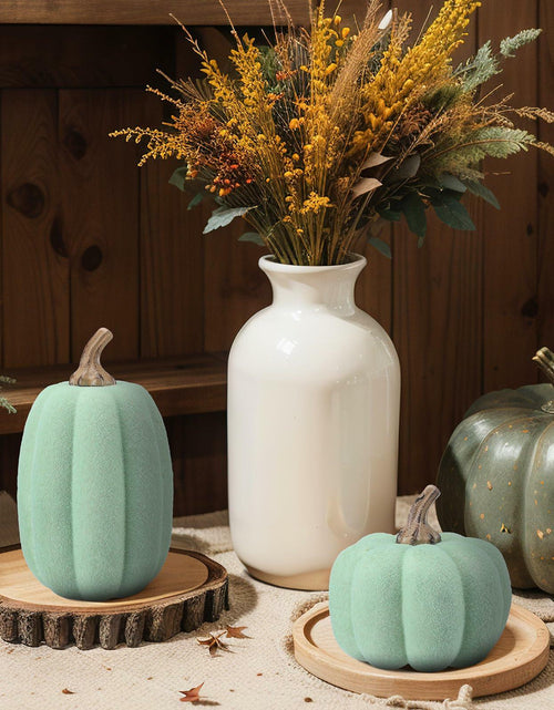 Load image into Gallery viewer, Vicenpal 2 Pcs Green Foam Pumpkins Fall Thanksgiving Decor Flocked Velvet

