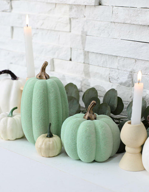 Load image into Gallery viewer, Vicenpal 2 Pcs Green Foam Pumpkins Fall Thanksgiving Decor Flocked Velvet
