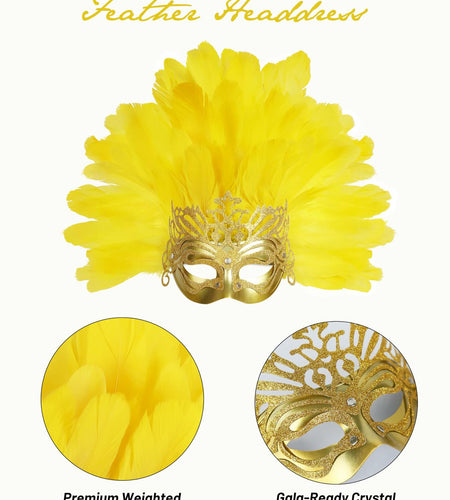 JPXH Masquerade Mask Feather Carnival Showgirl Headpiece Costume Yellow