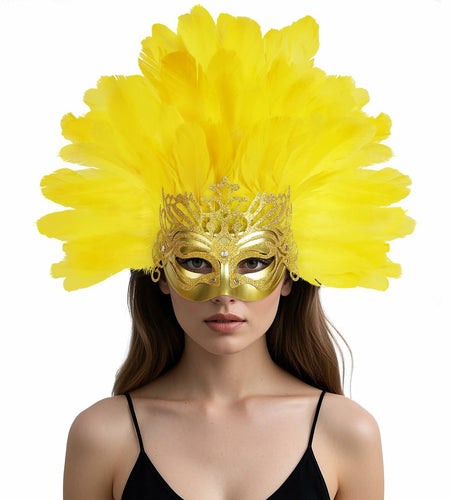 JPXH Masquerade Mask Feather Carnival Showgirl Headpiece Costume Yellow