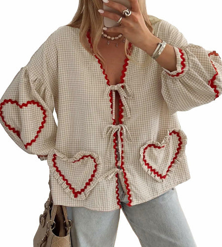 MANGMAO Coquette Tie Front Valentine Shirt Khaki Gingham Long Sleeve Size L