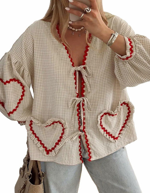 Load image into Gallery viewer, MANGMAO Coquette Tie Front Valentine Shirt Khaki Gingham Long Sleeve Size L
