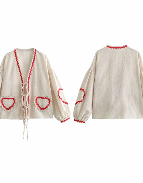 Load image into Gallery viewer, MANGMAO Coquette Tie Front Valentine Shirt Khaki Gingham Long Sleeve Size L
