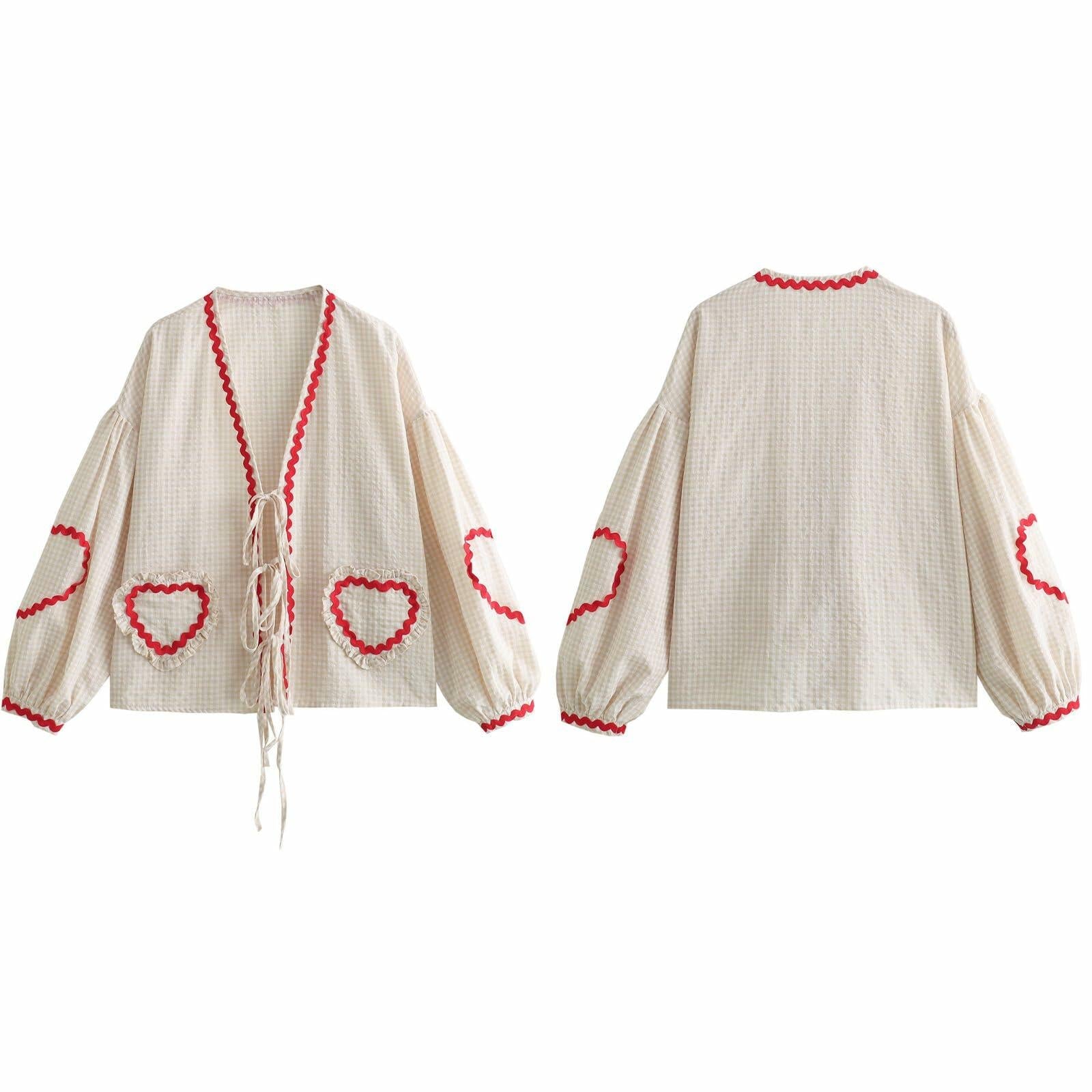 MANGMAO Coquette Tie Front Valentine Shirt Khaki Gingham Long Sleeve Size L