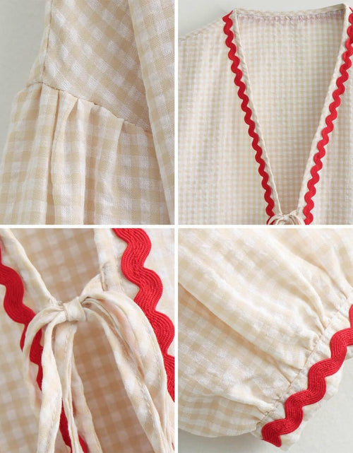 Load image into Gallery viewer, MANGMAO Coquette Tie Front Valentine Shirt Khaki Gingham Long Sleeve Size L
