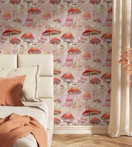 BEETAL Pink Watercolor Mushroom Forest Vintage Peel & Stick Wallpaper PVC