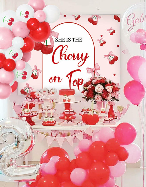 Load image into Gallery viewer, BACH AND BOUJEE She's The Cherry on Top Baby Shower Backdrop Red Balloons
