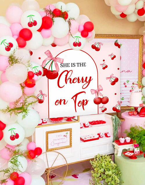 Load image into Gallery viewer, BACH AND BOUJEE She's The Cherry on Top Baby Shower Backdrop Red Balloons
