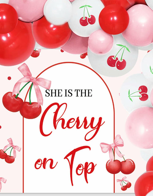 Load image into Gallery viewer, BACH AND BOUJEE She's The Cherry on Top Baby Shower Backdrop Red Balloons
