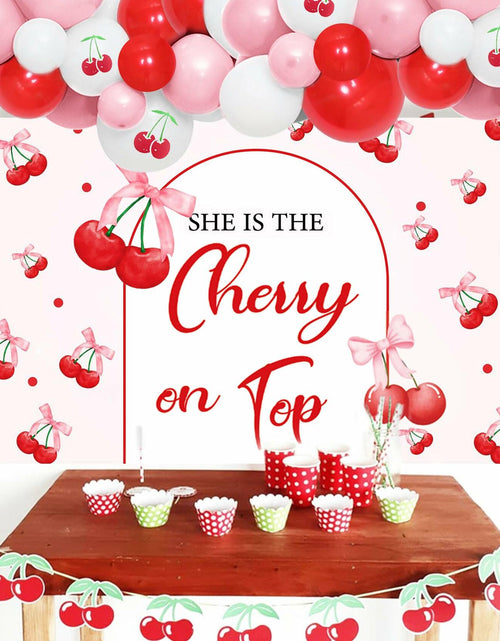 Load image into Gallery viewer, BACH AND BOUJEE She's The Cherry on Top Baby Shower Backdrop Red Balloons
