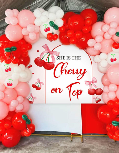 Load image into Gallery viewer, BACH AND BOUJEE She's The Cherry on Top Baby Shower Backdrop Red Balloons
