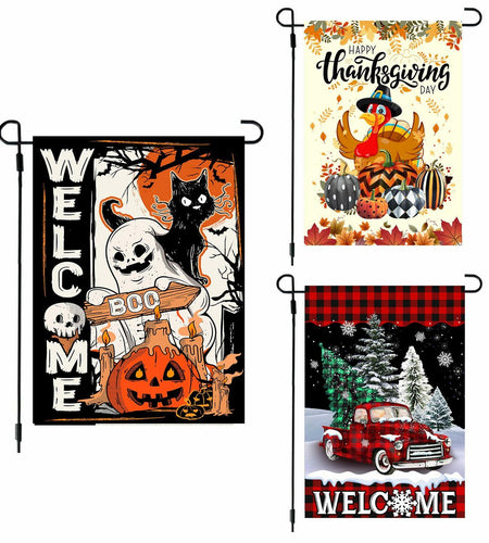 4SEASONS POD Holiday Garden Flags Set of 3 12x18 Double Sided Halloween Xmas