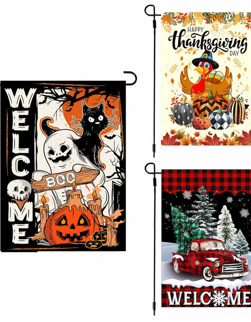 Load image into Gallery viewer, 4SEASONS POD Holiday Garden Flags Set of 3 12x18 Double Sided Halloween Xmas
